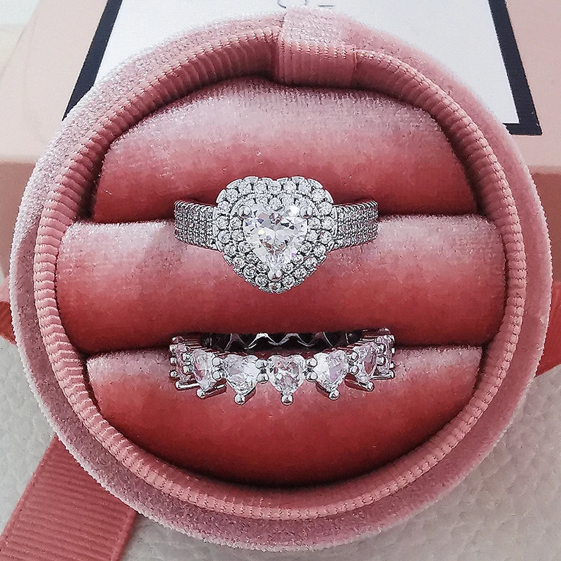 

Original 925 Sterling Silver Heart Cut Zircon Wedding Ring Set For Women Bride Engagement Jewelry Band Eternity Nigeria R6019