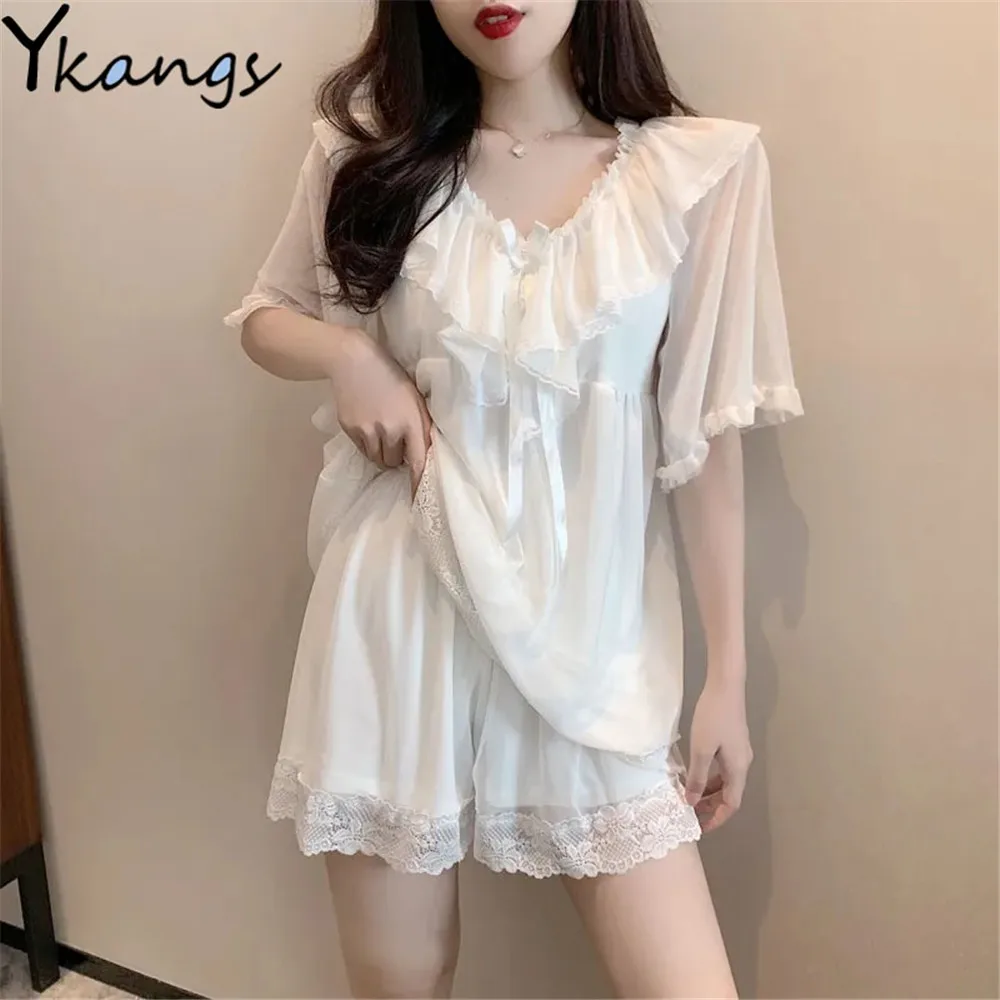 

2021 Summer Princess Pajamas Suit Women Lace Ruffle Home Service Comfort Pyjamas Shorts 2PCS White/Pink Short Sleeve Pijamas Set