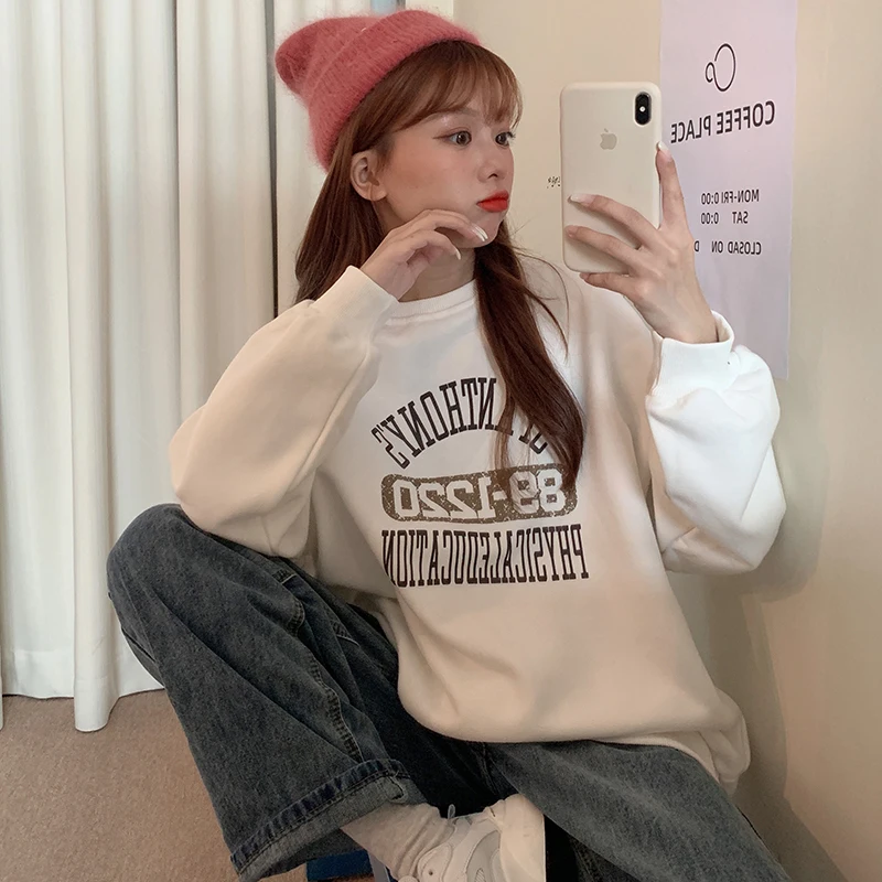 

Autumn and Winter Korean Style Loose Hong Kong Style Loose Cotton Brushed Hoody Female Student Hooded Coat Harajuku BF Top