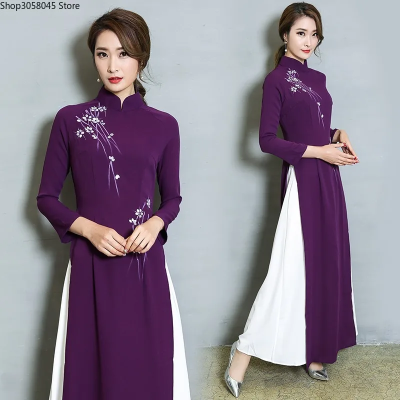 Vietnam Ao Dai Patchwork Tight Dress for Woman Chinese Traditional Costumes Qipao Cheongsams Flower Female Oriental Outfits |