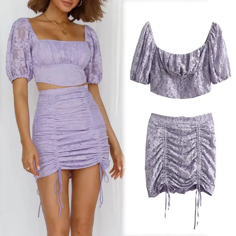 

Женский винтажный костюм с юбкой Za, кружевной короткий топ и плиссированная мини-юбка с высокой талией, комплект из 2 предметов, лето 2022