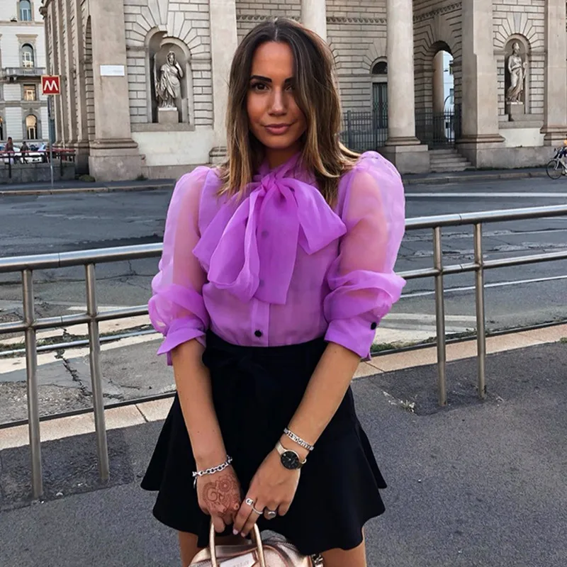 Yimunancy осень 2019 женская блузка с длинным рукавом 3 цвета сетчатая пышными рукавами