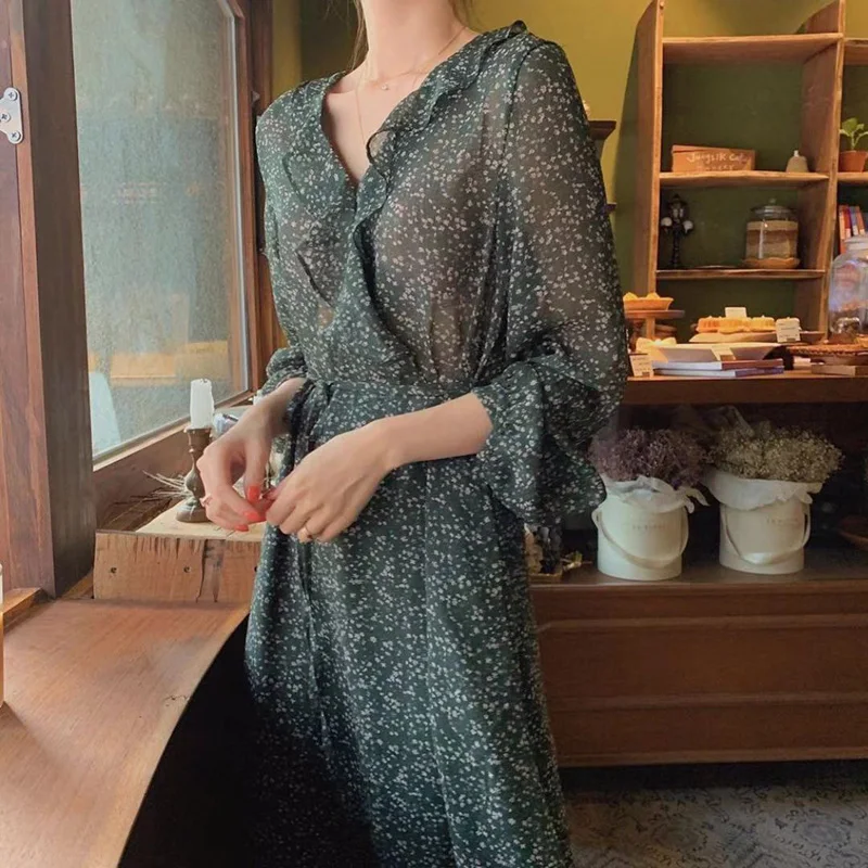 Винтажное Зеленое Шифоновое Платье с V образным вырезом и оборками женские