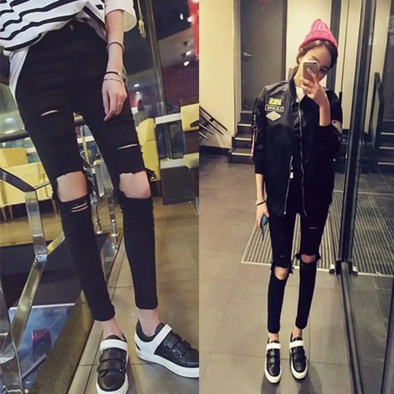 

2019 Women Holes Ripped Jeans Plus Size Women Hiphop High Waist Ankle Length Casual Stretch Skinny Pencil Women Pants