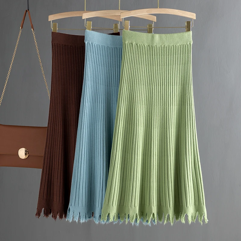 GIGOGOU эластичный высокая талия шикарный женский свитер юбки зимние в рубчик