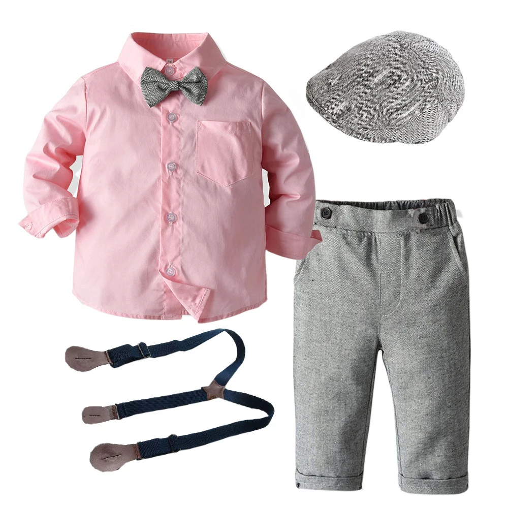 

Boy Child Wedding Suit Toddler Kids Clothe Set Hat + Shirt + Bow Tie + Grey Pants 4 Pieces Handsome Gentleman Costume Pink