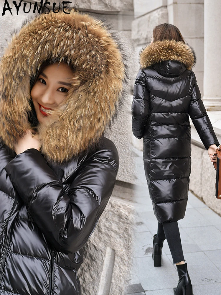

AYUNSUE Fashion Women's Down Jacket Raccoon Fur Collar Hooded Women Coats Female Winter Parkas High Quality Chaqueta Mujer