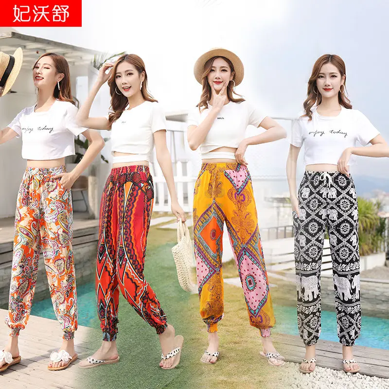Viscose bigger sizes flower pants pants seaside beach pants in the summer of Thailand national wind slacks wide-legged pants