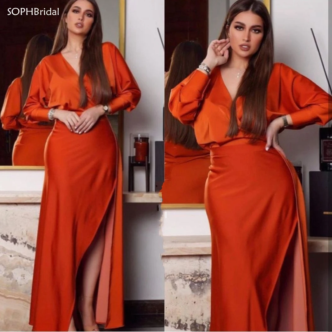 

New Arrival Sexy V-neck Full Sleeves Evening Dresses Dubai Arabic Prom Dresses Formal Gowns Robe de Soiree Vestidos de Fiesta