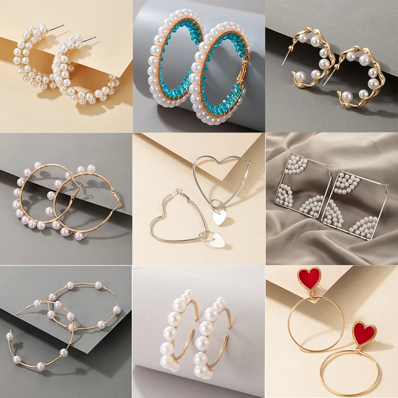 

HuaTang Elegant Round Pearl Hoop Earrings for Women Gold Color Big Circle Earrings Female Fashion Party Jewelry Brincos Gifts