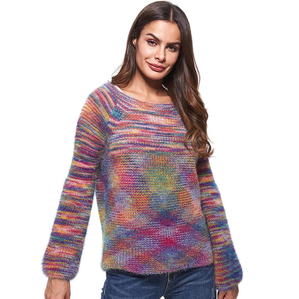 

UVRCOS Autumn 2021 More New Women's Wear European And American knitwear Round Neck Section Dyed Colorful Sweater For Women