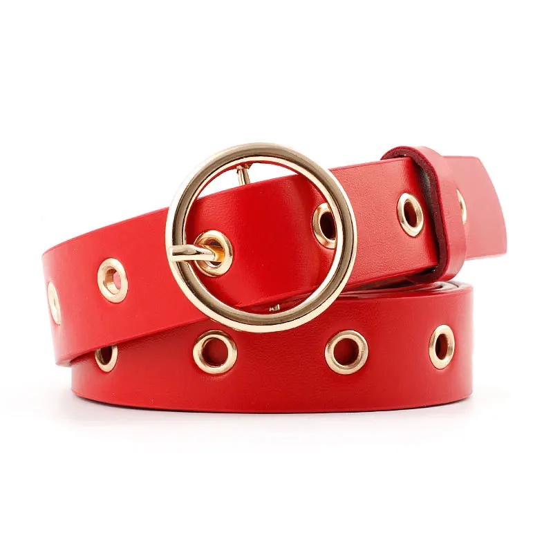 

105 CM Fashion Solid Faux Leather Belt Jeans Holes Waistband For Women Round Metal Buckle Dress Decorative Belts For Students