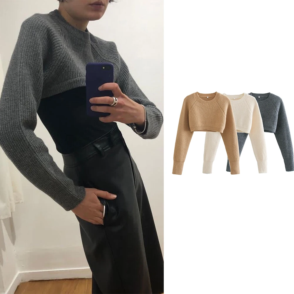 

Women's Sweater Za Fashion 2021 Knitted Loose Short Sweaters Sexy Long Sleeve Spring O Neck Solid Pullovers Chic Mujer Tops