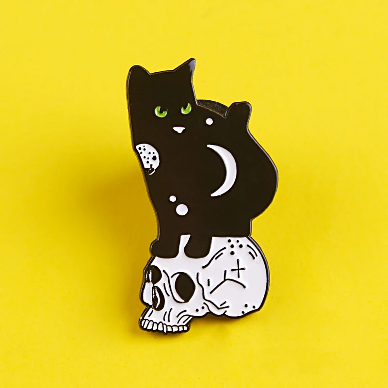 Черные значки с котом черепом для рюкзака эмалированная заколка одежды лацкана