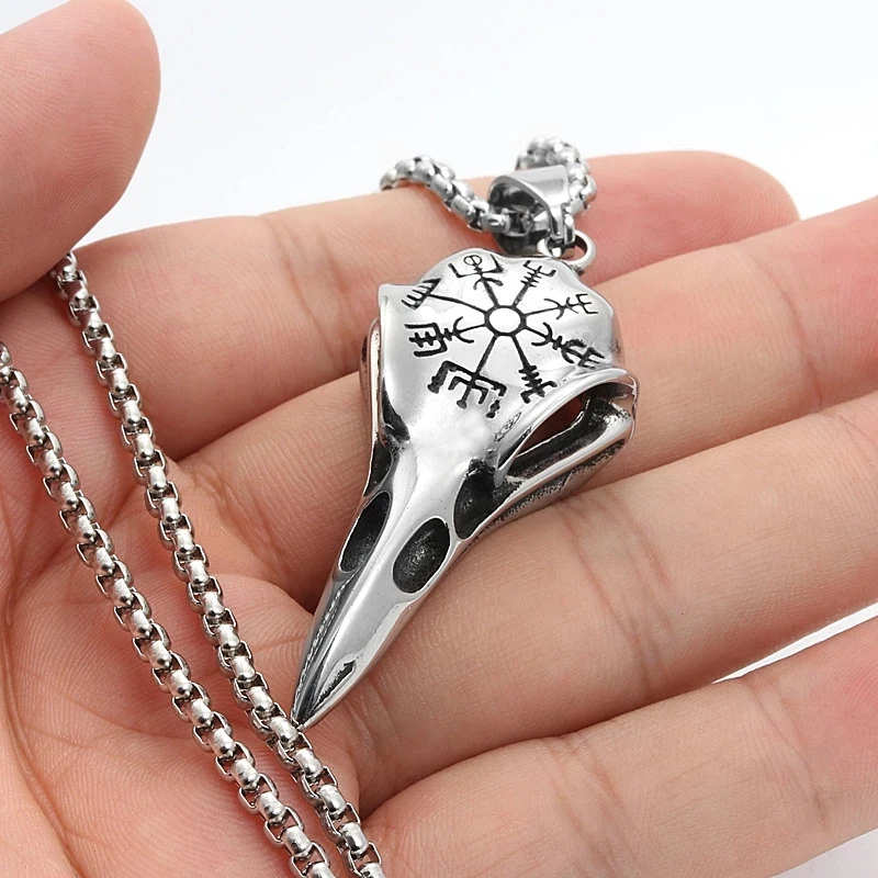 

Vintage Crow Skull Necklace Men's Chain Punk Street Stainless Steel Viking Compass Pendant and Necklace Gothic Accessories