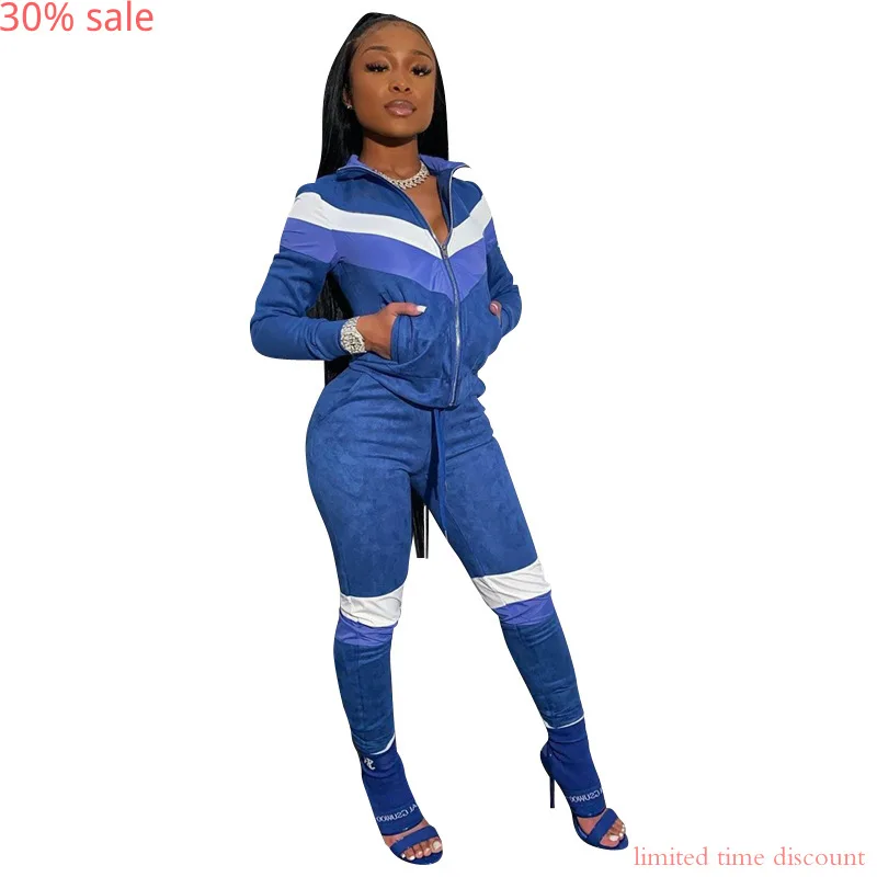 Синий женский комплект для бега повседневный спортивный костюм с длинным