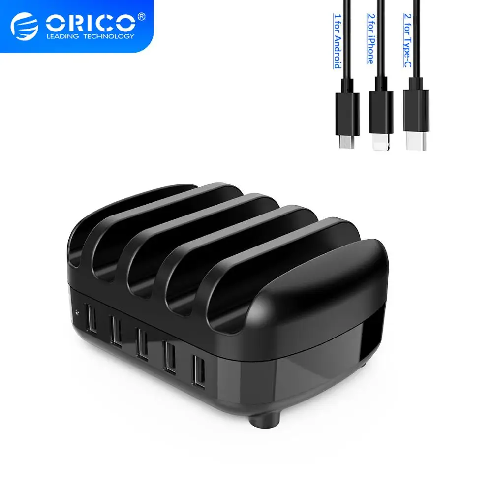 ORICO USB Charger Station Dock with Holder 40W 5V2.4A*5 USB Charging Free USB Cable for iphone iPad Kindle Tablet