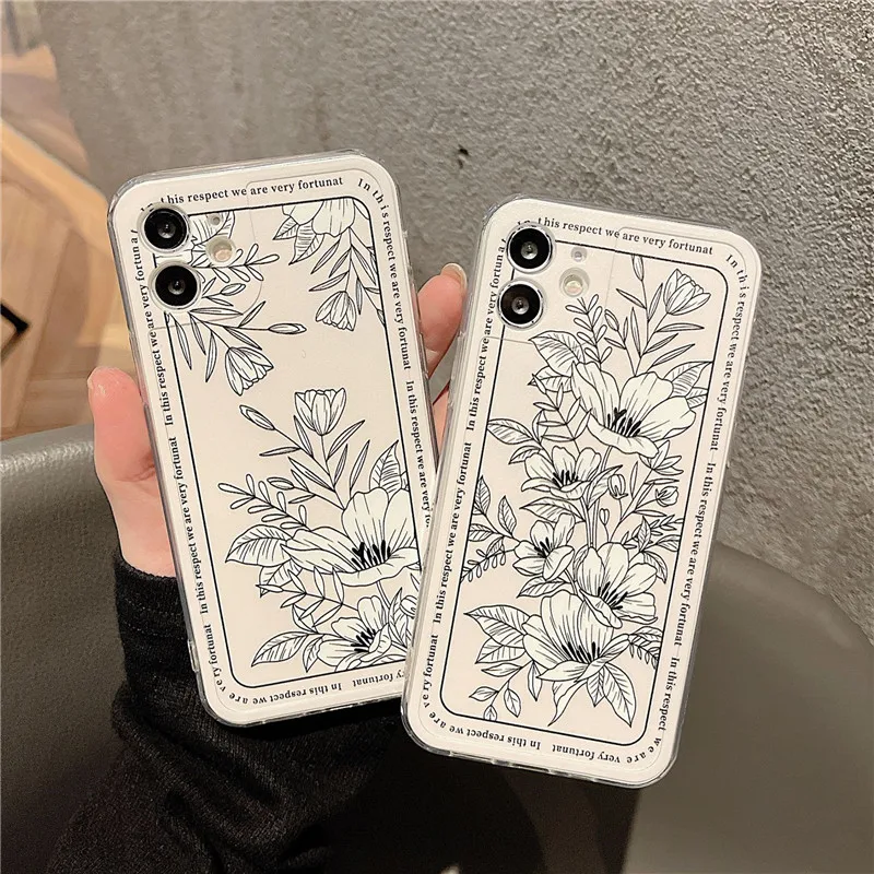 

Retro ink wall painting line plant Flowers art Phone Case For iPhone 11 12 Pro Max Xs Max XR XS 7 8 Plus X 7Plus case Cute Cover