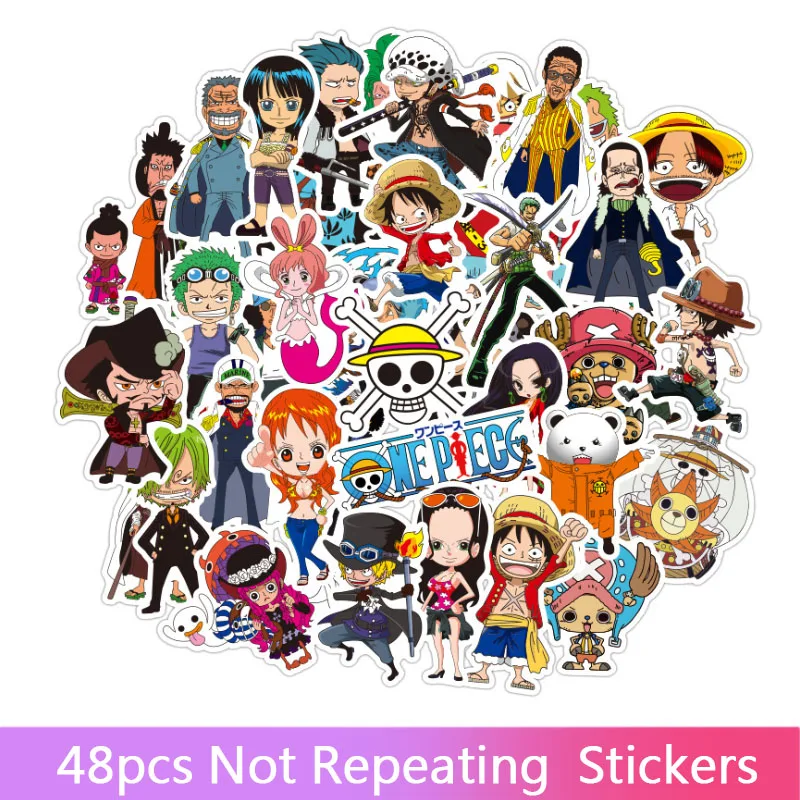 

48pcs Anime 2020 ONE PIECE Luffy Stickers For Car Laptop PVC Backpack Home Decal Pad Bicycle PS4 Waterproof Decal toys