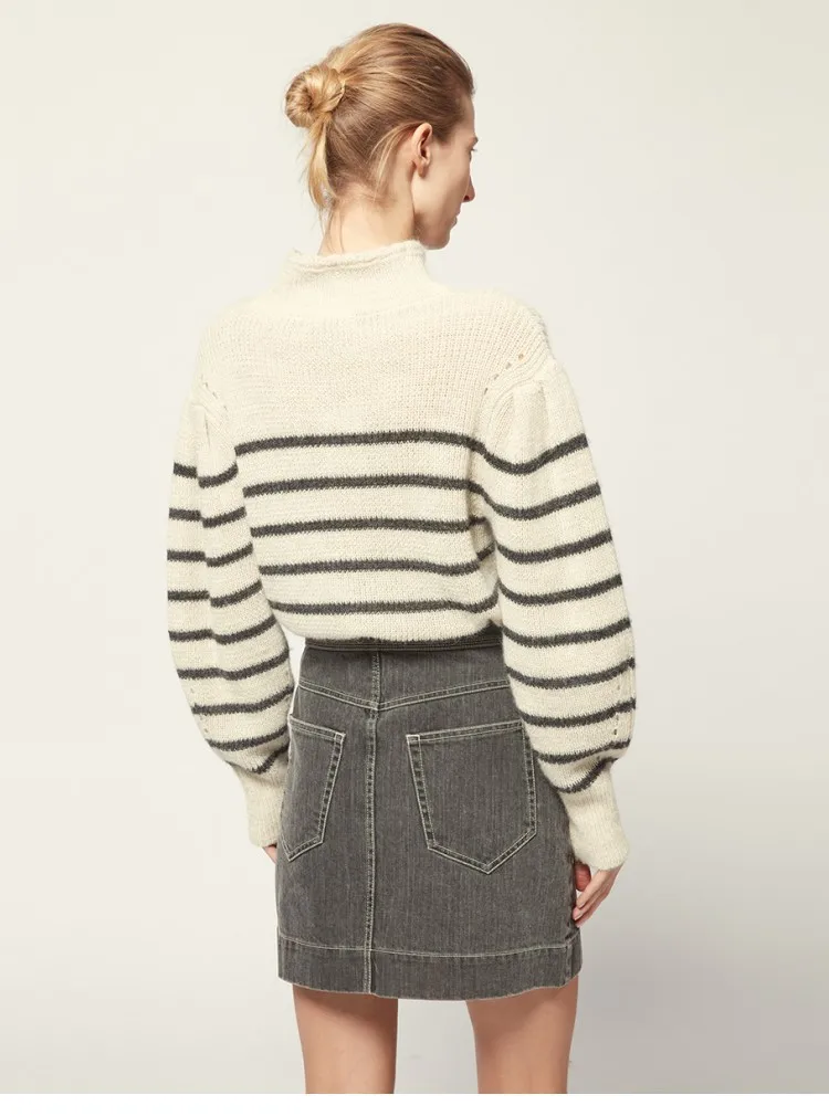 ESHINES High Quality Autumn Women Sweater Casual Turtleneck Puff Sleeve Hollow Out Striped Pullover Knitting | Женская одежда
