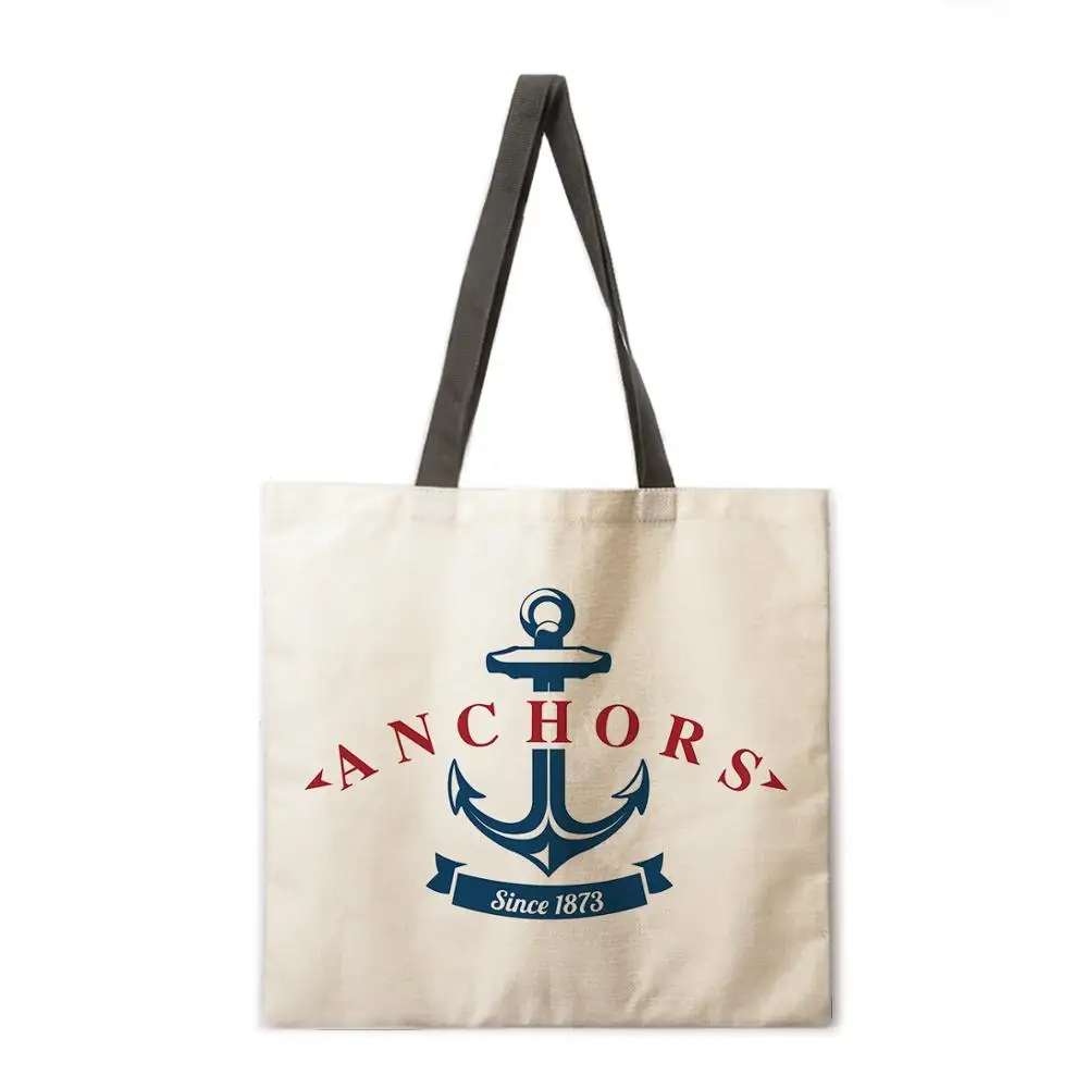 Beach theme tote bag Shoulder bag Linen fabric casual tote bag Foldable shopping bag Reusable beach bag