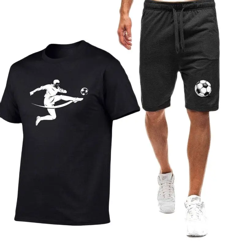 

Summer Popular Solid Cotton T-Shirt + Sports Pants High Quality Pure Cotton T-Shirt Running Suits Printed Football Casual Pants