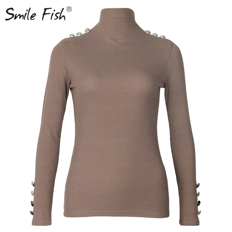2020 Women Turtleneck Sweaters Buttons Knitted Solid Pullovers Causal Slim Office Lady Knitting Female Knit Tops M0381 Женская одежда