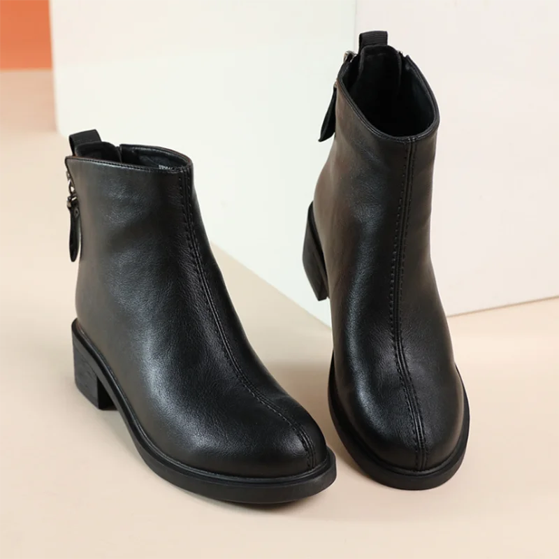 

New Autumn Winter Thick Heel Ankle Boots Women Genuine Leather Back Zipper Warm Shoes Boots Non-slip Women Boots