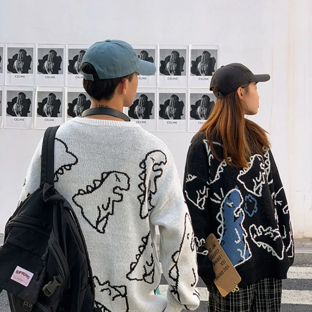 

ZOTTSOZ Hip Hop Streetwear Knitwear Pullover Women Knitted Cartoon Dinosaur Sweater Casual Harajuku Loose Couple Jumpers Tops