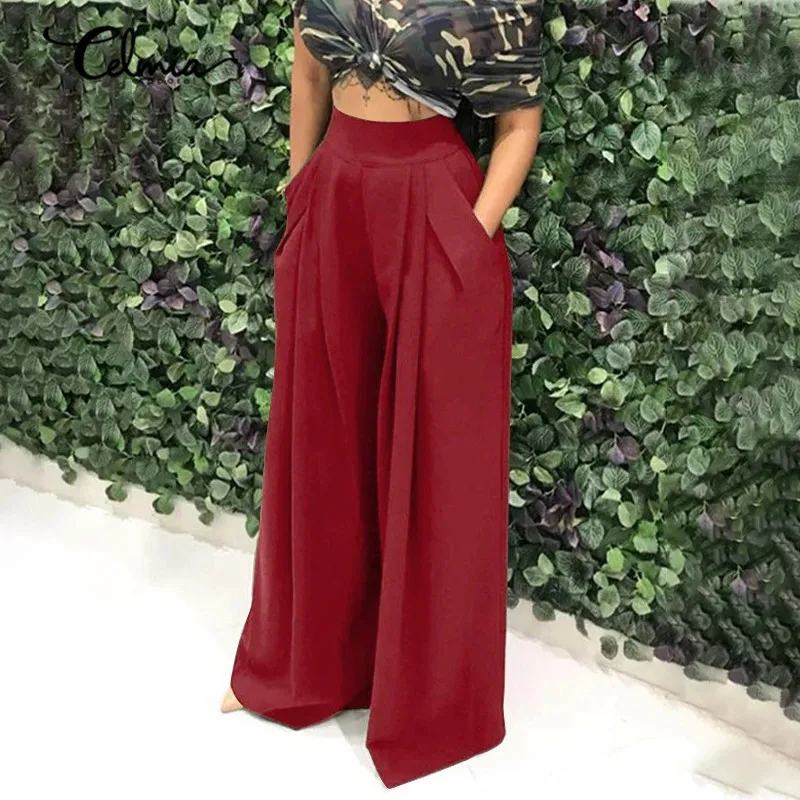 

Fashion Retro Pleated Trouser 2021 Women Wide Leg Long Pants Celmia Vintage Elastic Waist Casual Elegant Loose Office Pantalon