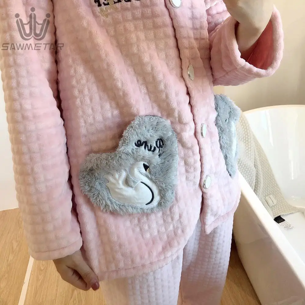 Пижама женская фланелевая осенне-зимняя длинный рукав длинные брюки | Женская