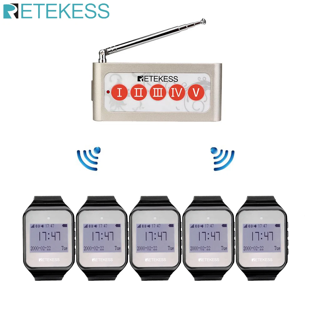 

Retekess Wireless Calling System Restaurant Pager 5pcs TD108 Watch Receiver + 5-Key Call Button For Kitchen Factory