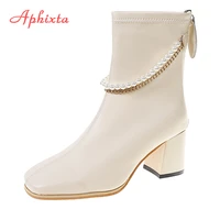 aphixta string bead square heels socks boots women fashion pearl metal chain zip square toe shoes ankle boots plus big size 44