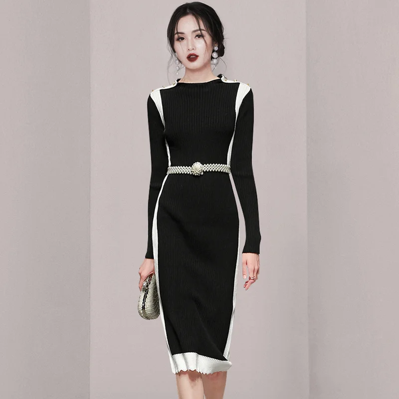 Женское трикотажное платье Jum черно-белое с длинным рукавом и пуговицами новинка