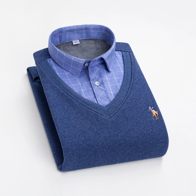 

Qutumn Winter Men's High Quality Casual Fleece Thick False Two Shirt