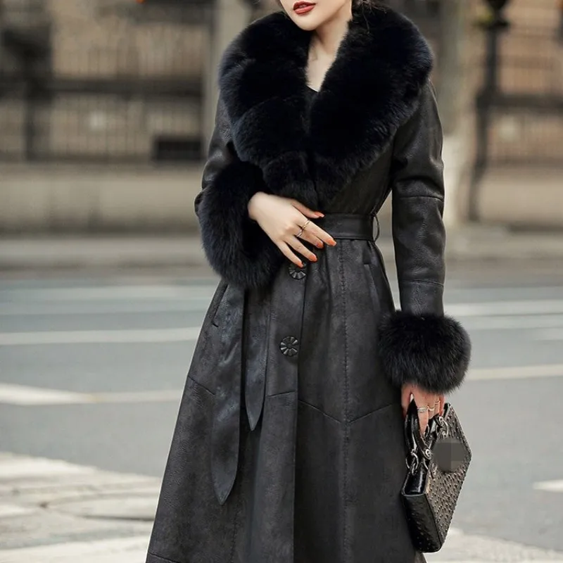 

Fur Ladies Vintage Fox Collar Rabbit Fur Coat Winter Warm Luxury Genuine Leather Overcoat Women Elegant Black Natural Fur Jacket