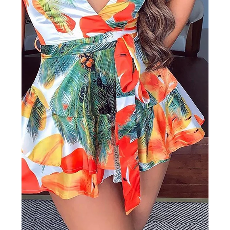 

Floral Print Bodysuit Style Dress Women Spaghetti Strap Sexy Bodysuit with Belt Summer 2020 Swimming Beach Wear Jumpsuit
