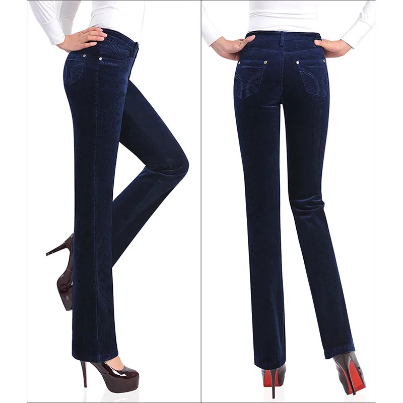 Большие размеры женские осенние вельветовые брюки с высокой талией эластичные