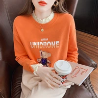 autumn chic bear and letter pattern sequins sweatshirt women fake two pieces lace neck loose pullover tops moletom feminino