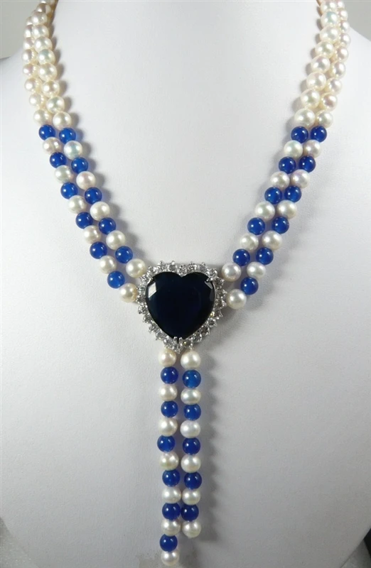 

Hot sale 2 rows 7-8MM White Genuine Freshwater Pearl blue stone bead+ heart -shaped black crystal pendant necklace 18in