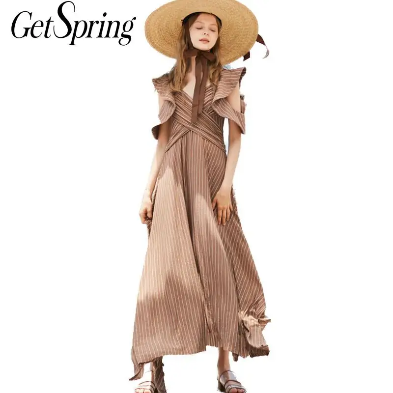 Женское платье-макси в полоску GETSRING асимметричное летнее платье с v-образным