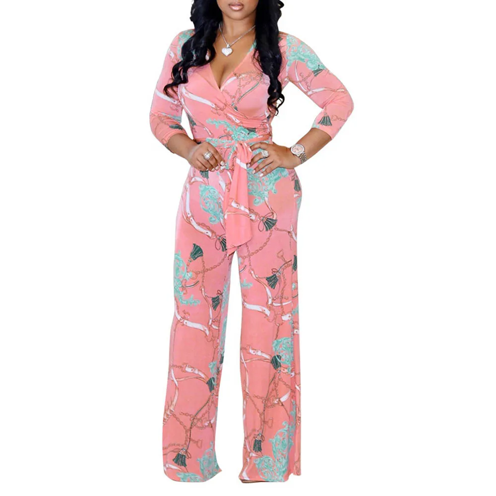 

Women's Jumpsuit 2021 Spring New Fashion Sexy V-neck Long Sleeves Printed Lace-Up Mid Waist Sweet Female Jumpsuits
