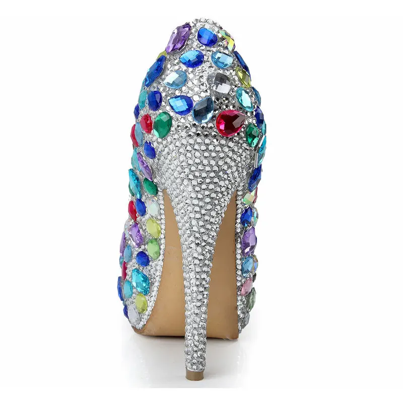 

2021 New Colored Glass Diamond High Heel Bridal Shoes Waterproof Platform Crystal Wedding Shoes