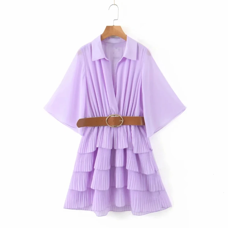 Женское фиолетовое шифоновое мини платье с каскадными оборками модное