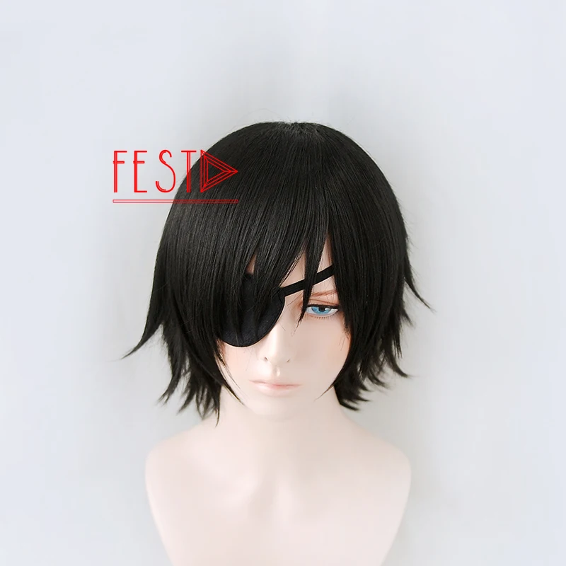 Аниме бензопила человек Himeno Косплэй парик короткий черный наклейки для глаз: