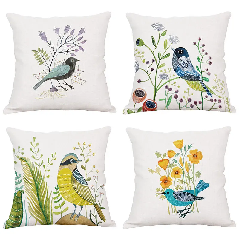 

Bird Cushion Cover American Rural Style Pillowcase Hand Painting Birds Flowers Tree Cushions Case Sofa Linen Cotton Pillow Cover