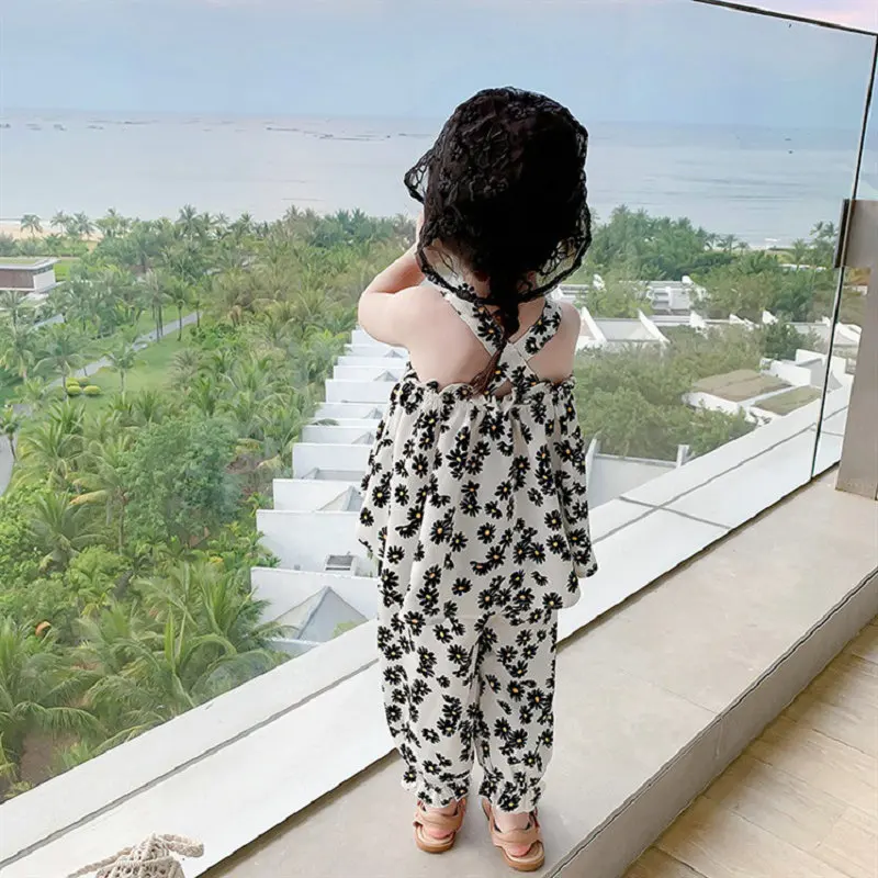 baby girl summer printed clothing set strap tops shirts+pants toddlers kids fashion casual flowers suits child clothes 2-8age | Мать и