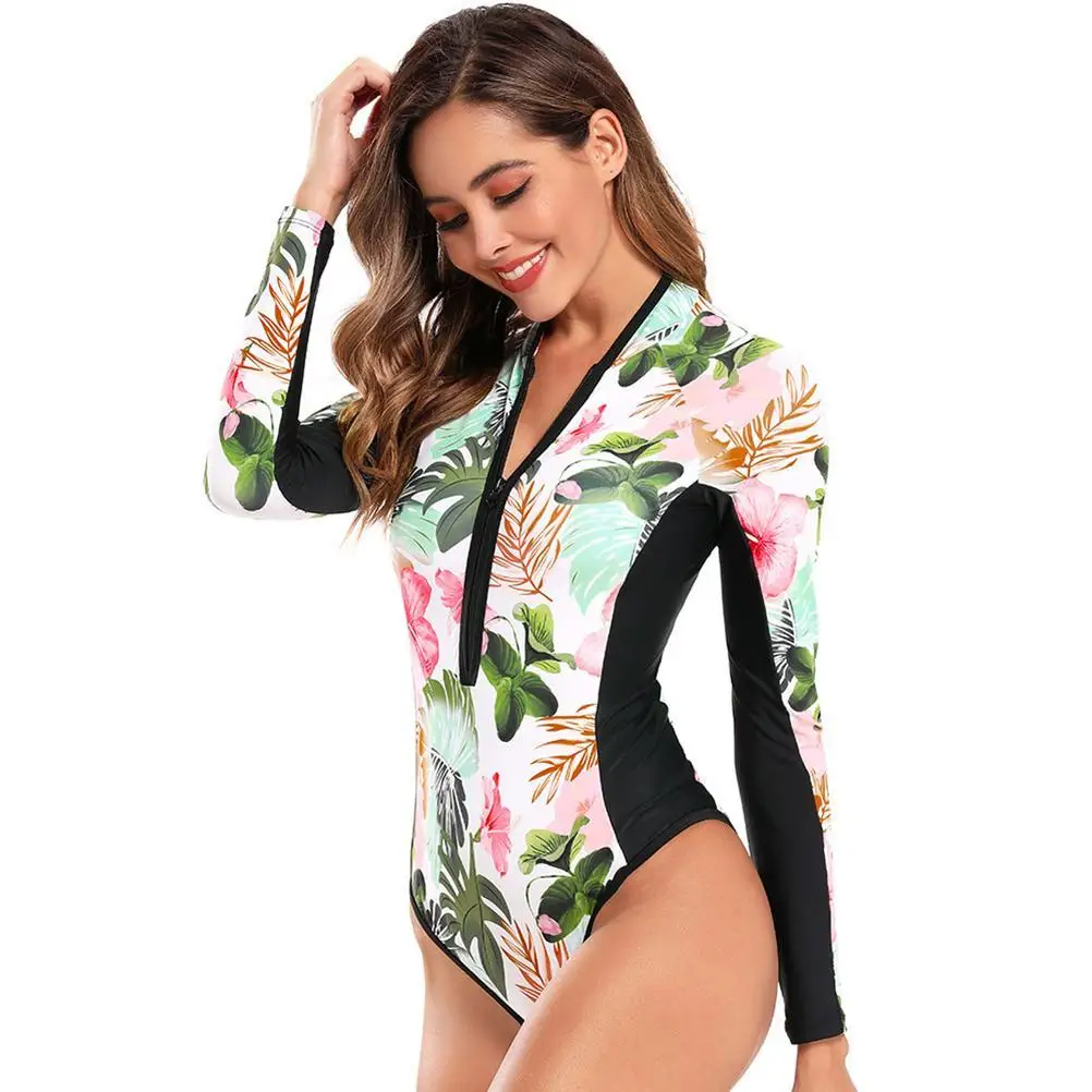 

Sexy Hollow Deep V Neck Printing Bikini With Zip Beach Fashion Strappy Surfing Lace Shoulder Strap Bikini One-Piece Swimsuit