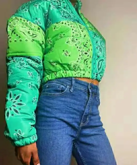women 2021  Casual Print Puffer Bandana Jacket Winter Coat Women Fashion Clothing for Streetwear Cropped Puffer Warm Bubble Coat