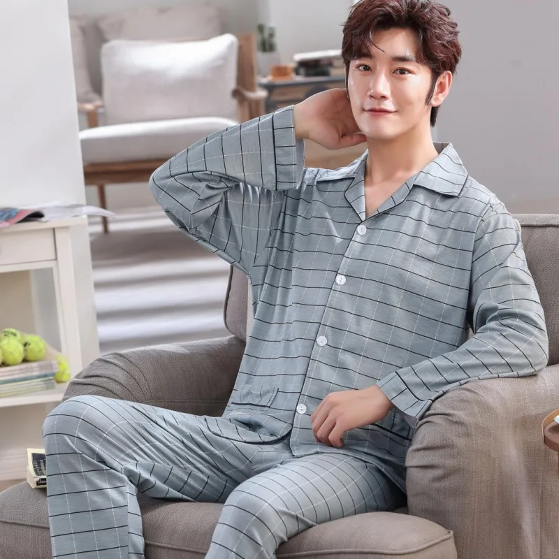 LYun весенние и осенние мужские хлопковые пижамы клетчатые большие размеры для сна